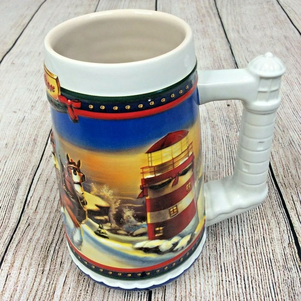 2002 Anheuser Busch AB Budweiser Holiday Christmas Beer Stein Clydesdales NIB